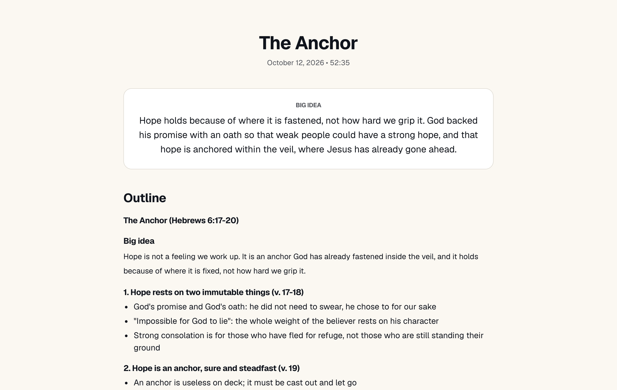 The public notes page a congregation sees: the sermon title, a Big idea card and the start of the outline.