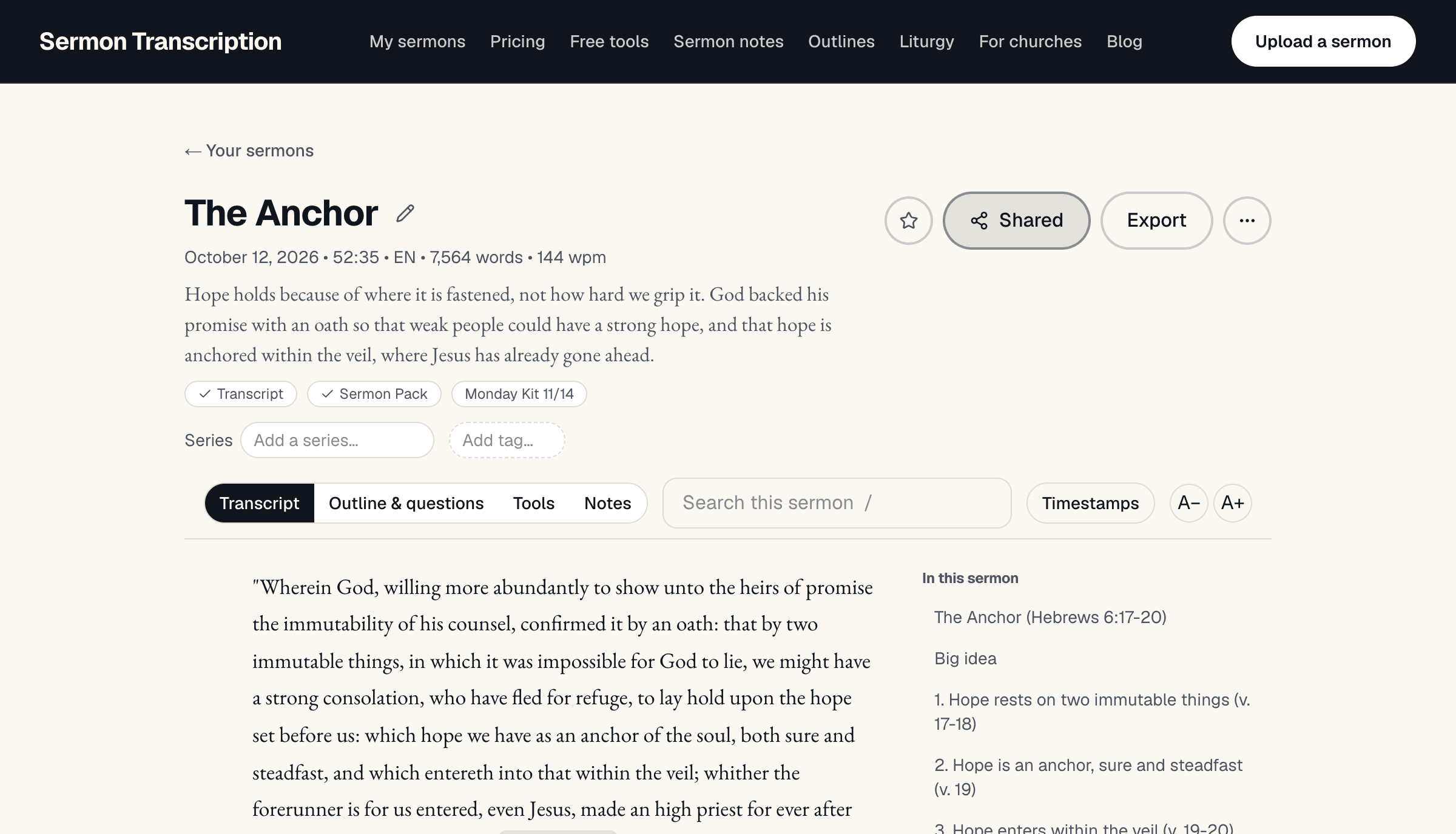 The Transcript tab of a sermon called The Anchor: the sermon text in paragraphs, with the Transcript, Outline and questions, Tools and Notes tabs, a search box and an In this sermon outline beside it.